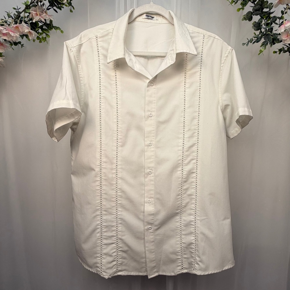 COOFANDY Mens White Guayabera Short Sleeve Button Down Shirt Size L Crochet Lace